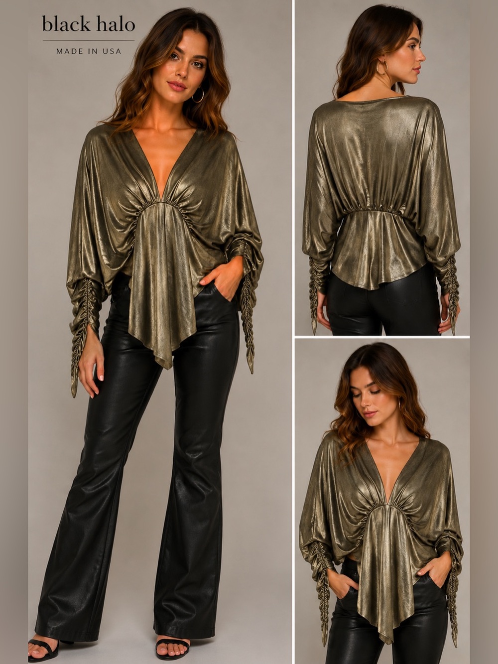 Black Halo Metallic Draped V Neck Blouse Top Ruched Long Sleeve Made USA Large R
